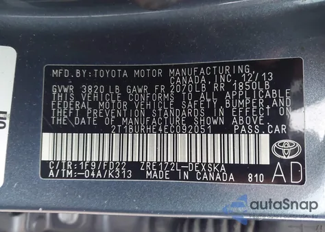 2014 Toyota Corolla S Plus z USA, uszkodzony, nr VIN 2T1BURHE4EC092051